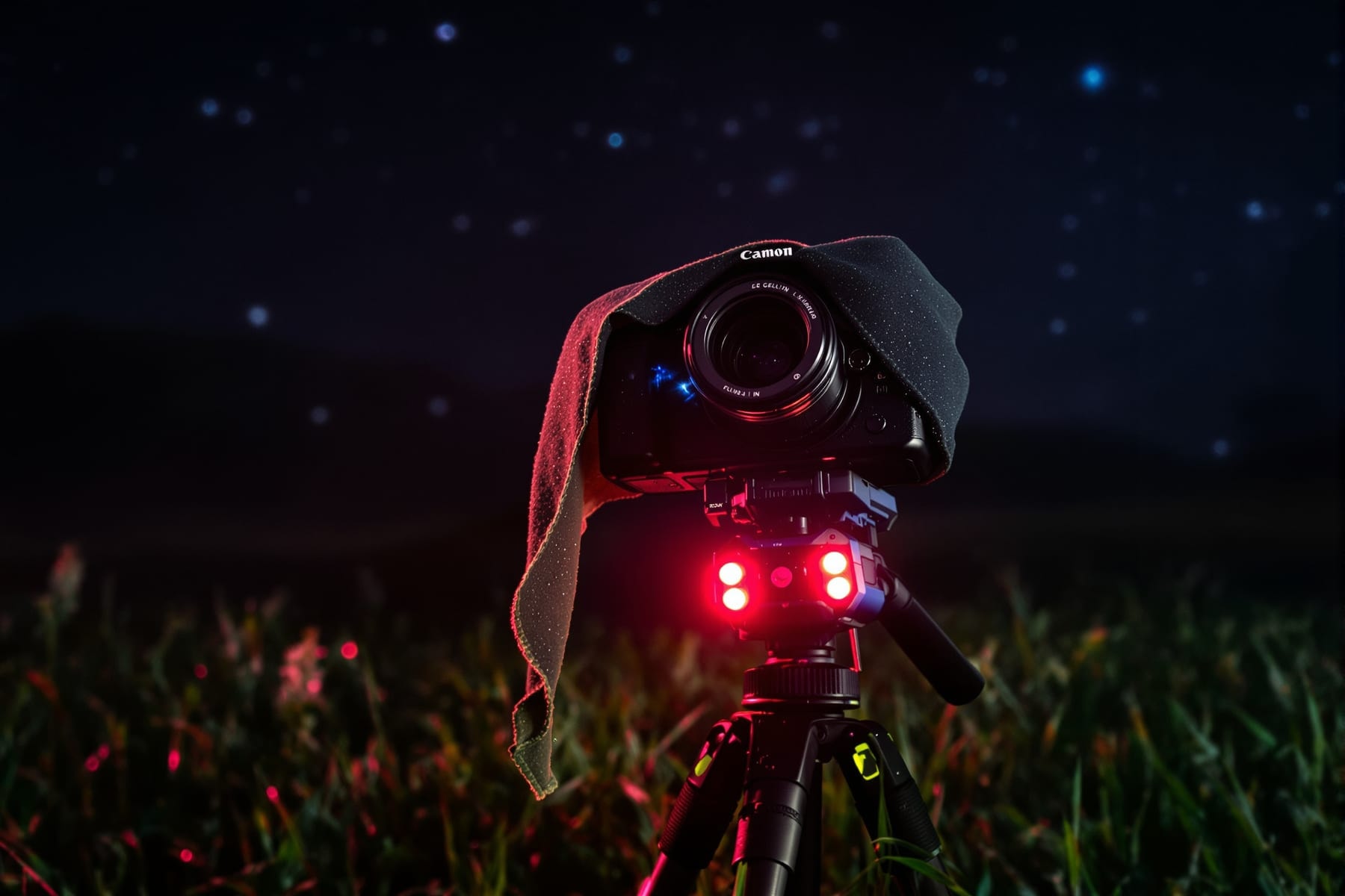 A camera on a tripod with a dew shield fitted, covered in dew on a damp night