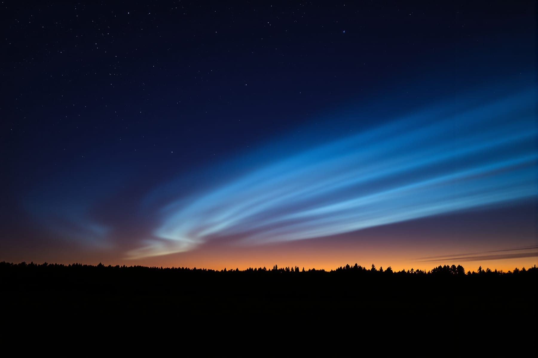 Electric-blue noctilucent clouds in a midsummer twilight sky above a dark treeline