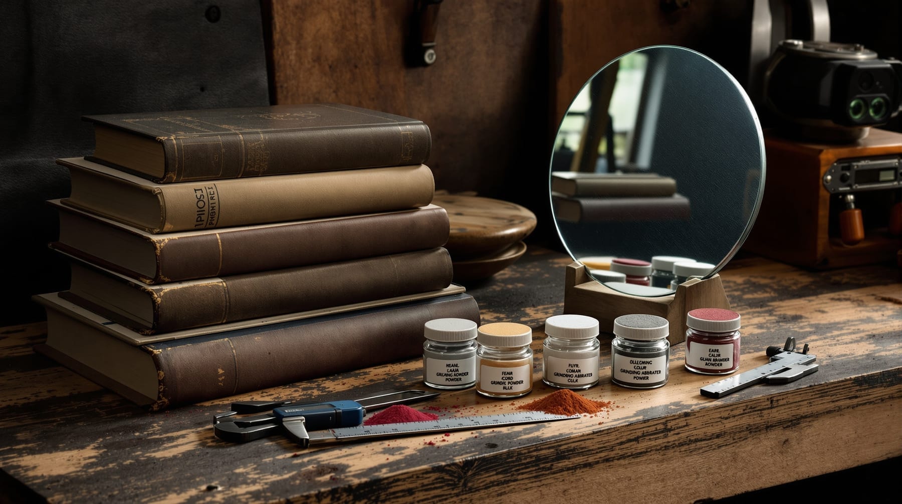 Technical books, a mirror blank and jars of grinding abrasives on a workshop bench