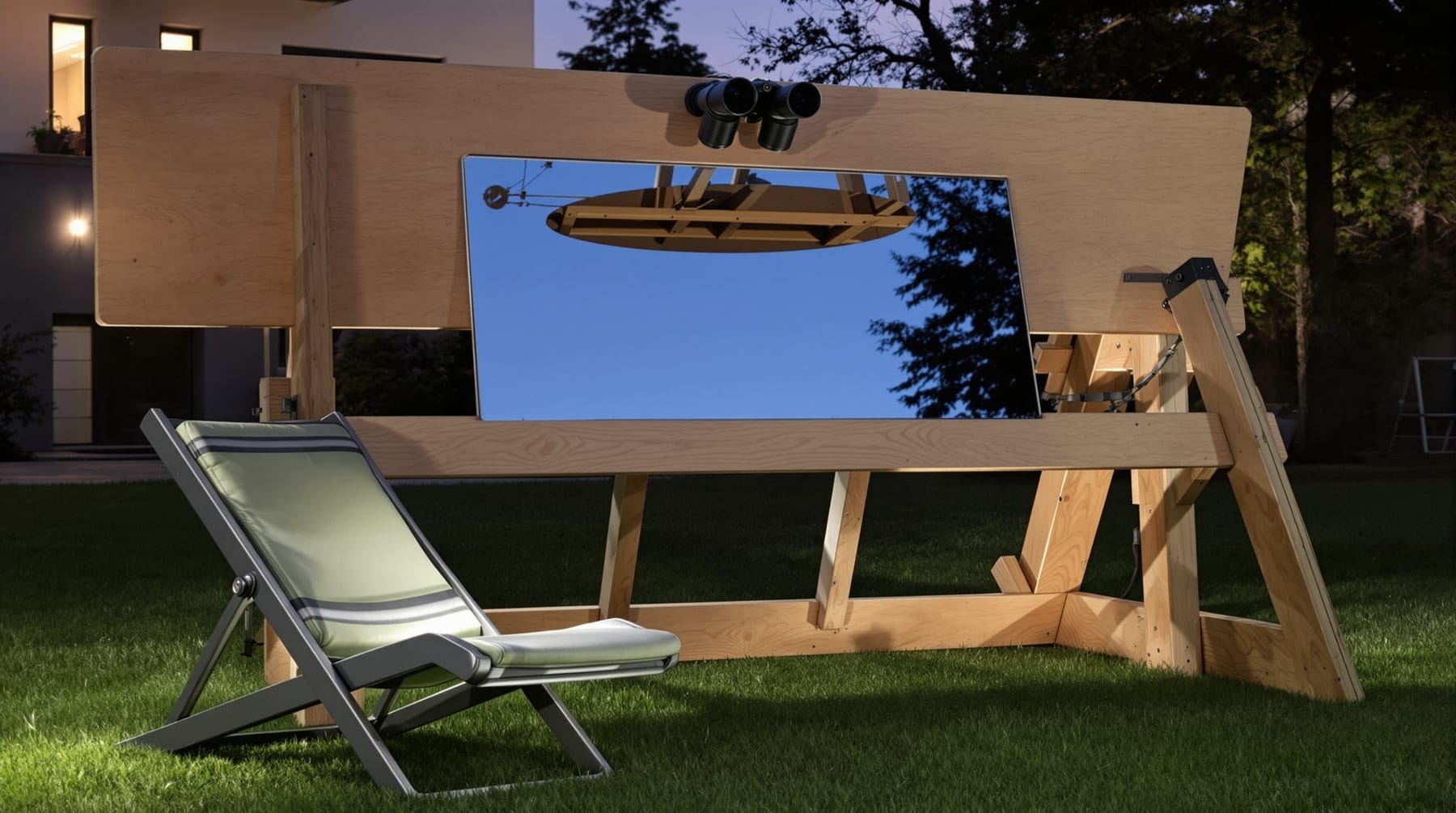 A home-built plywood binocular box with binoculars above a tilted flat mirror