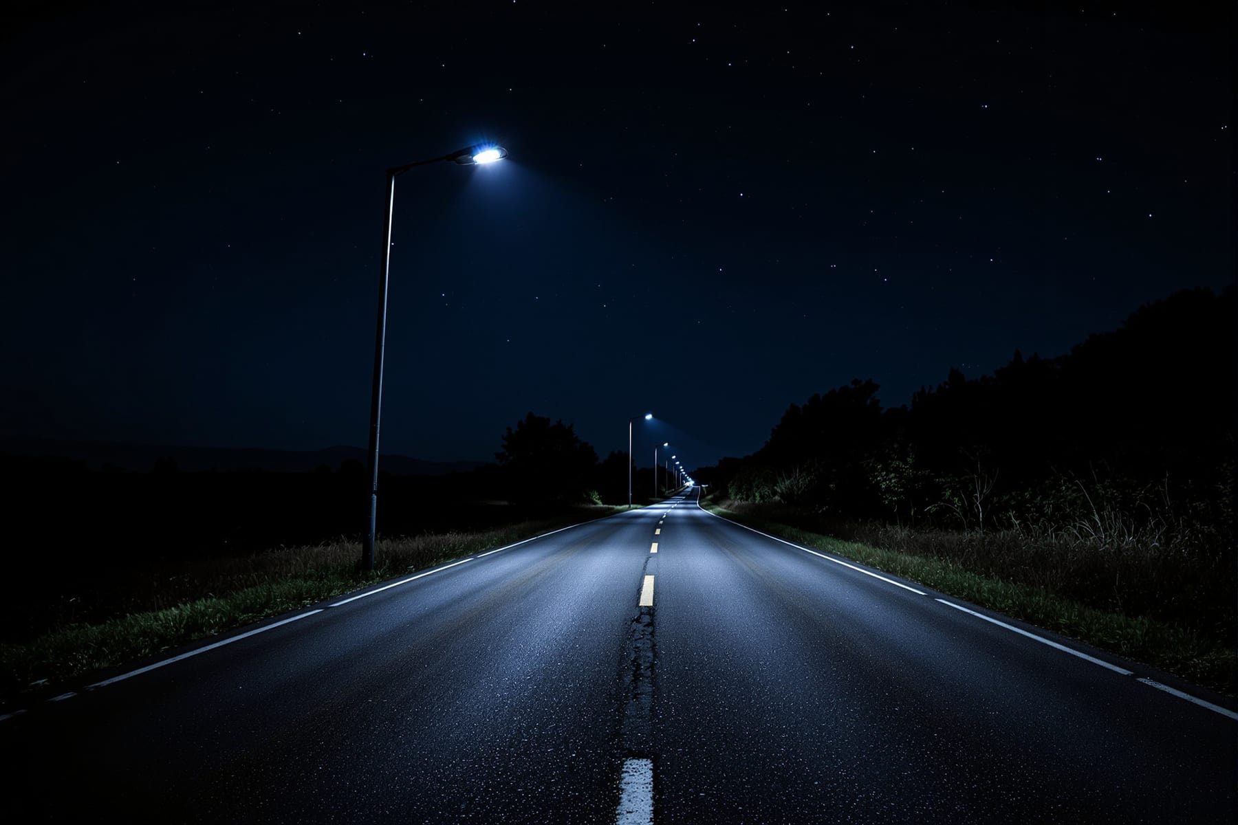 A full-cutoff street light illuminating a road while leaving the sky above it dark