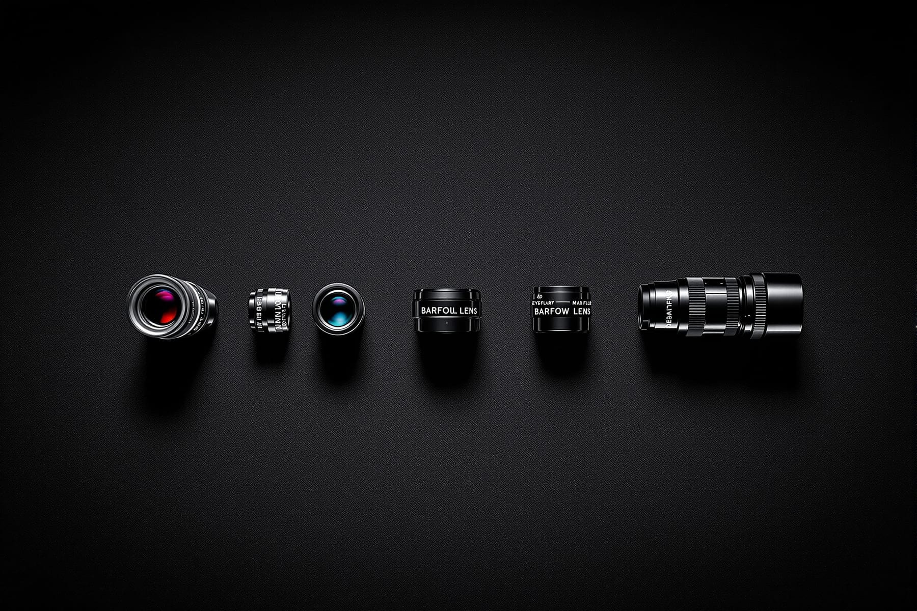 A set of astronomical eyepieces, a Barlow lens and a red torch on a dark background