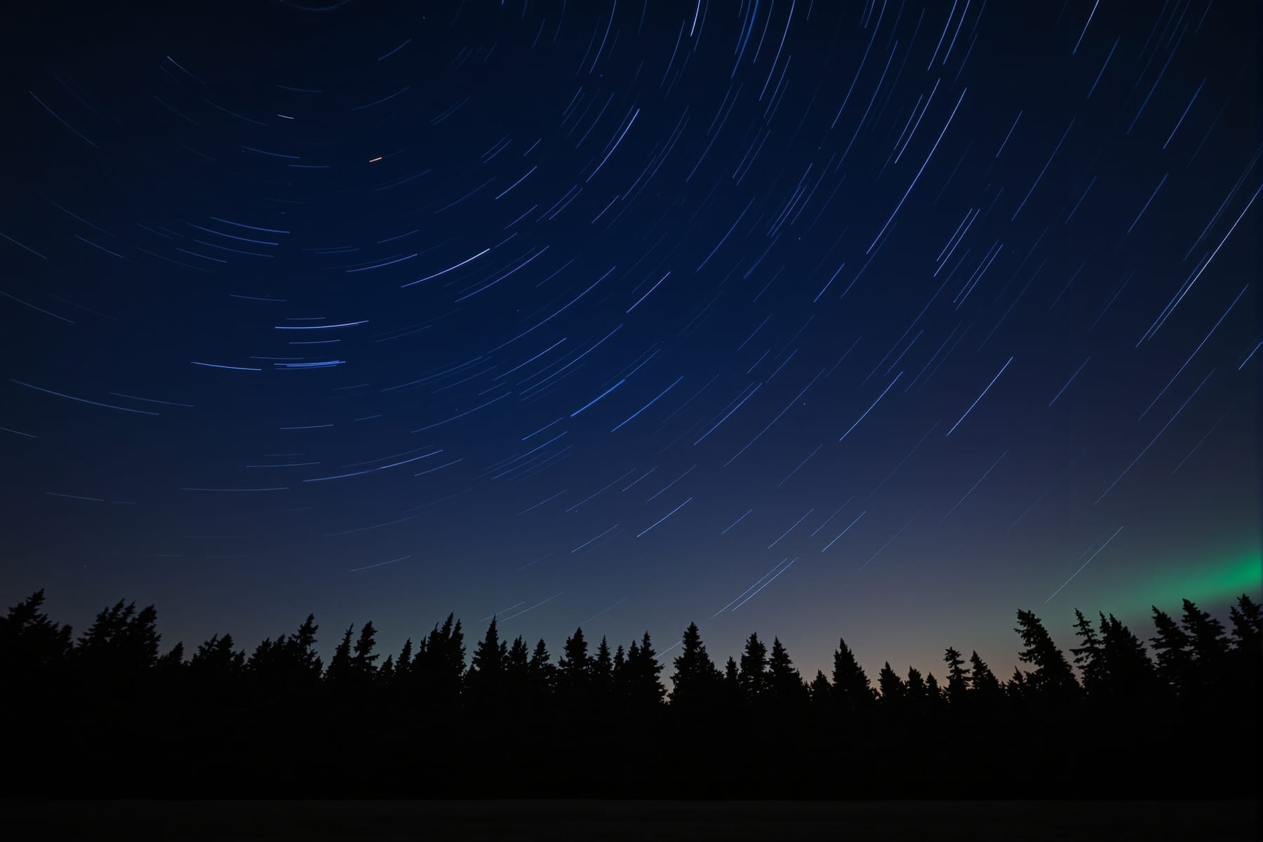 Star trails circling the north celestial pole about halfway up the sky at 49 degrees north