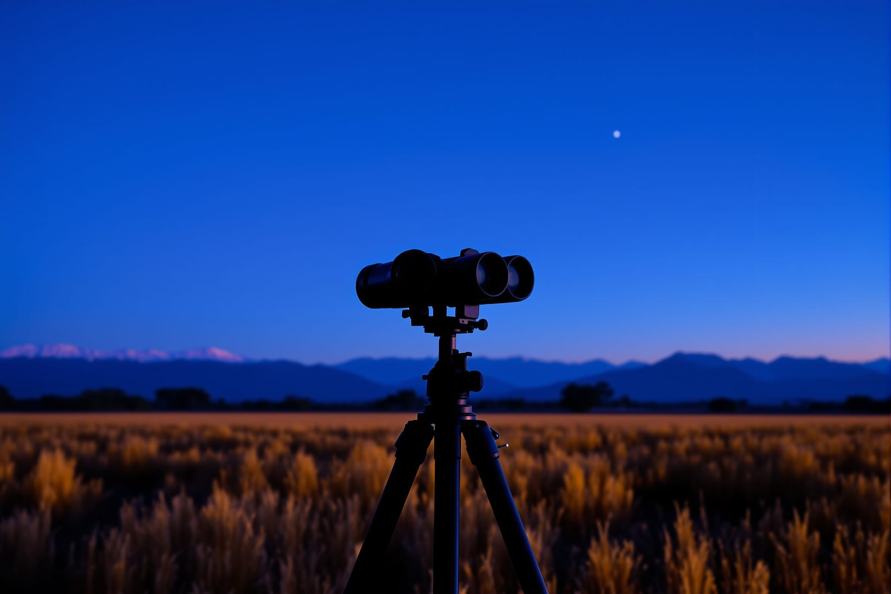 Binoculars on a tripod set up in a field at twilight