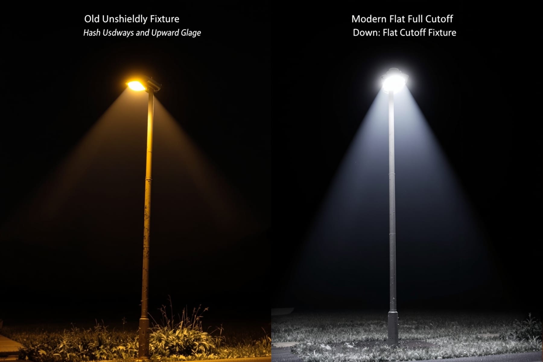An unshielded lamp throwing glare upward beside a full-cutoff fixture lighting only the ground