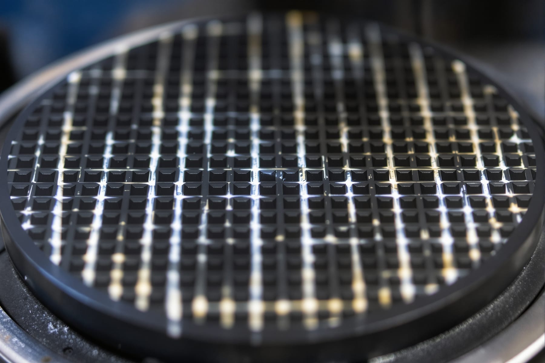 A pitch lap cut into a grid of square facets with channels between them