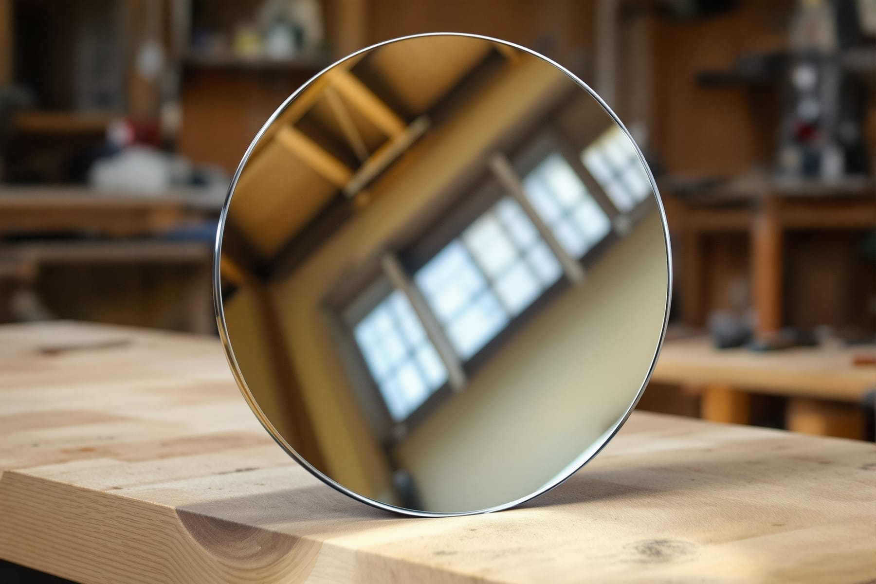 A polished but uncoated telescope mirror standing on a workbench