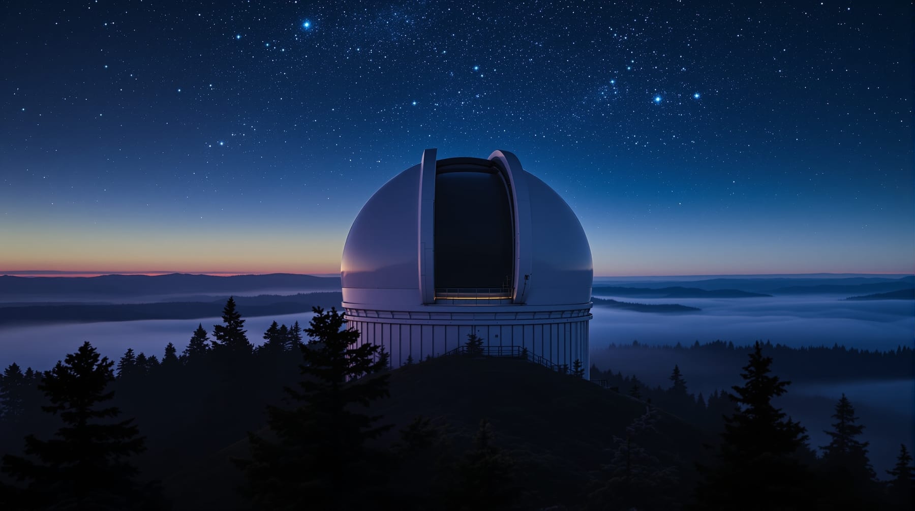 A professional observatory dome with its shutter open at twilight