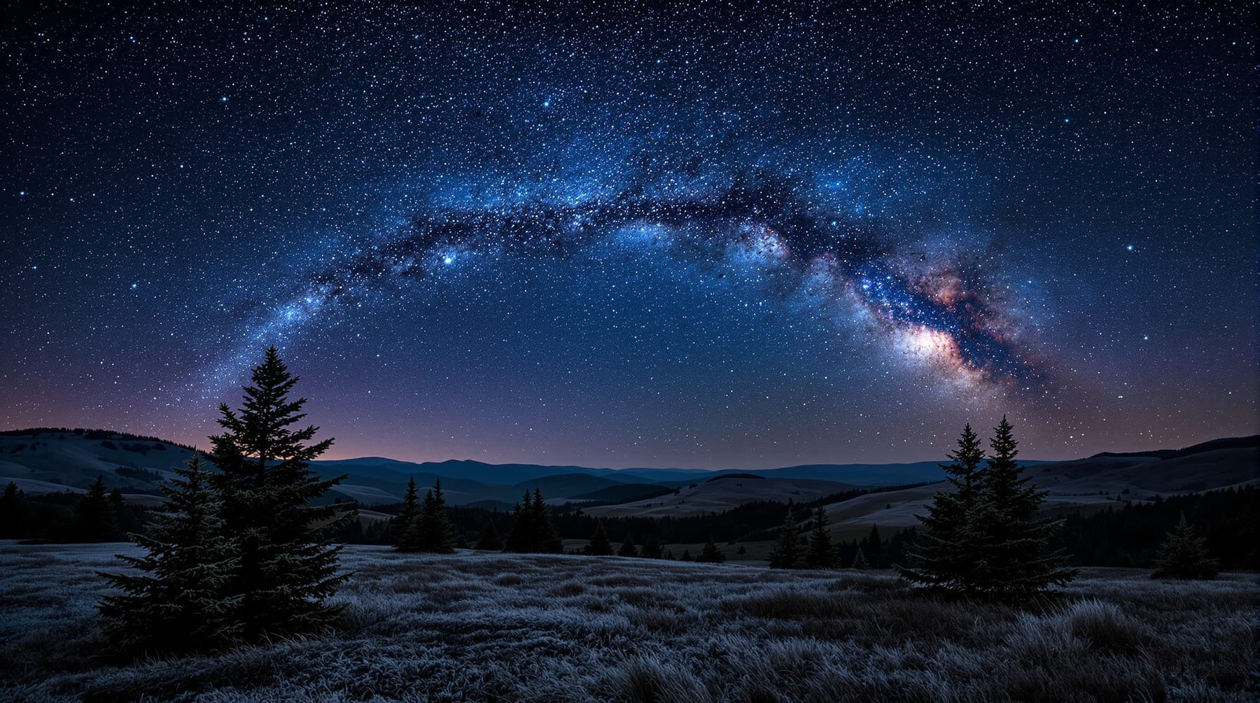 A high open plateau of grass and pines under an intensely dark star-filled sky