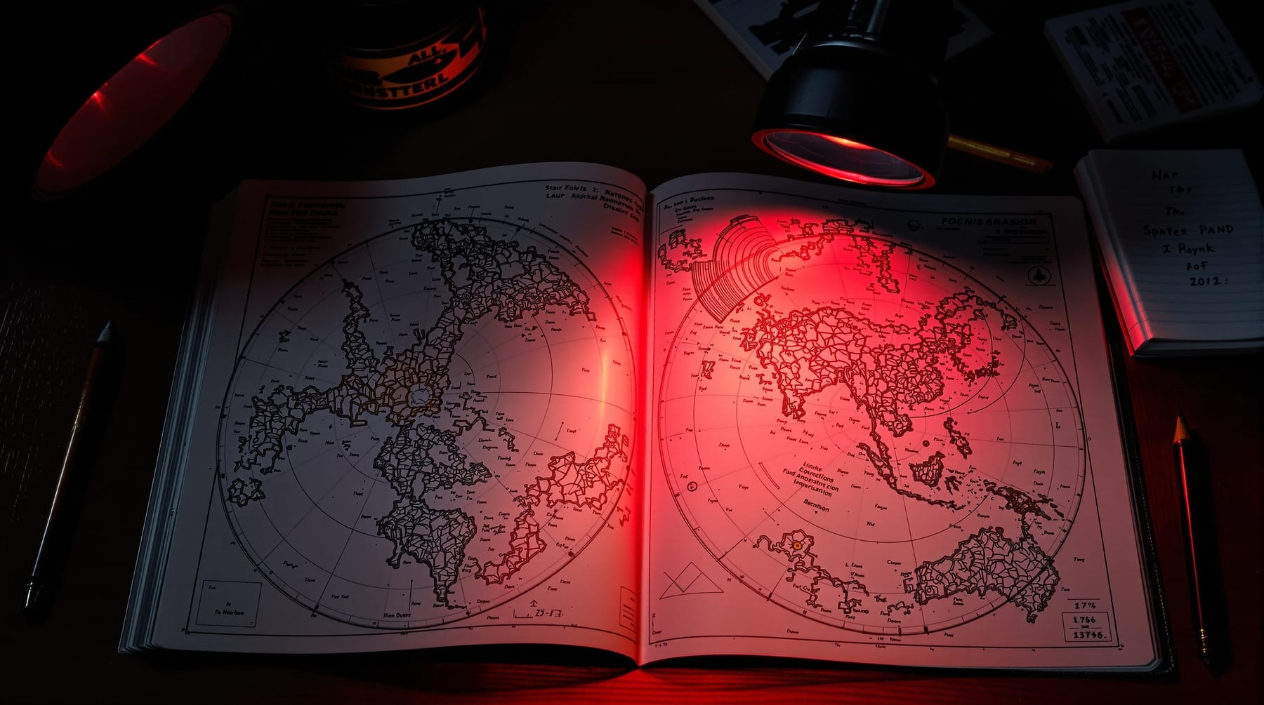 An open star atlas under red torchlight with an observing notebook