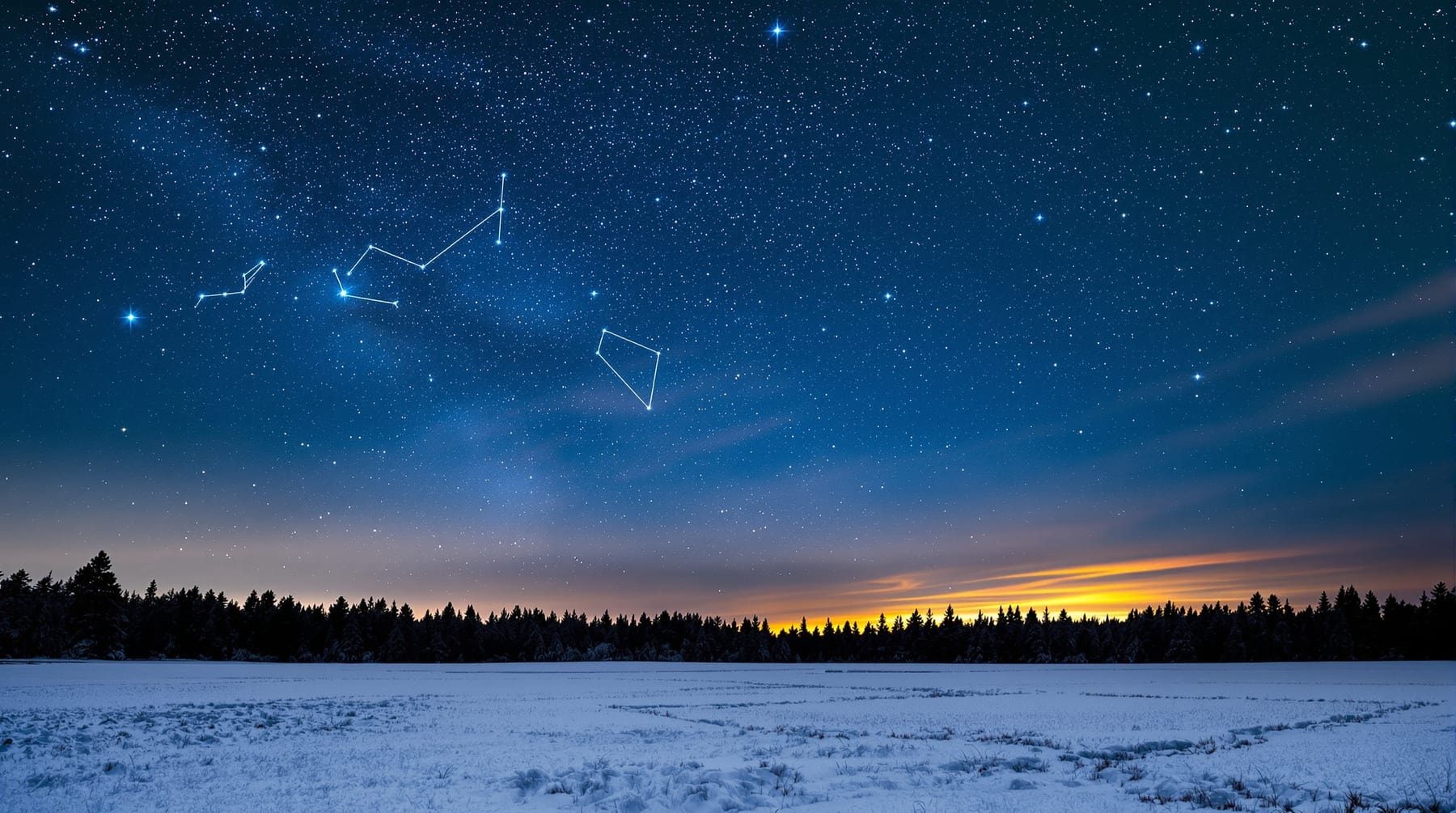The winter sky with Orion above a snow-dusted field and conifer treeline