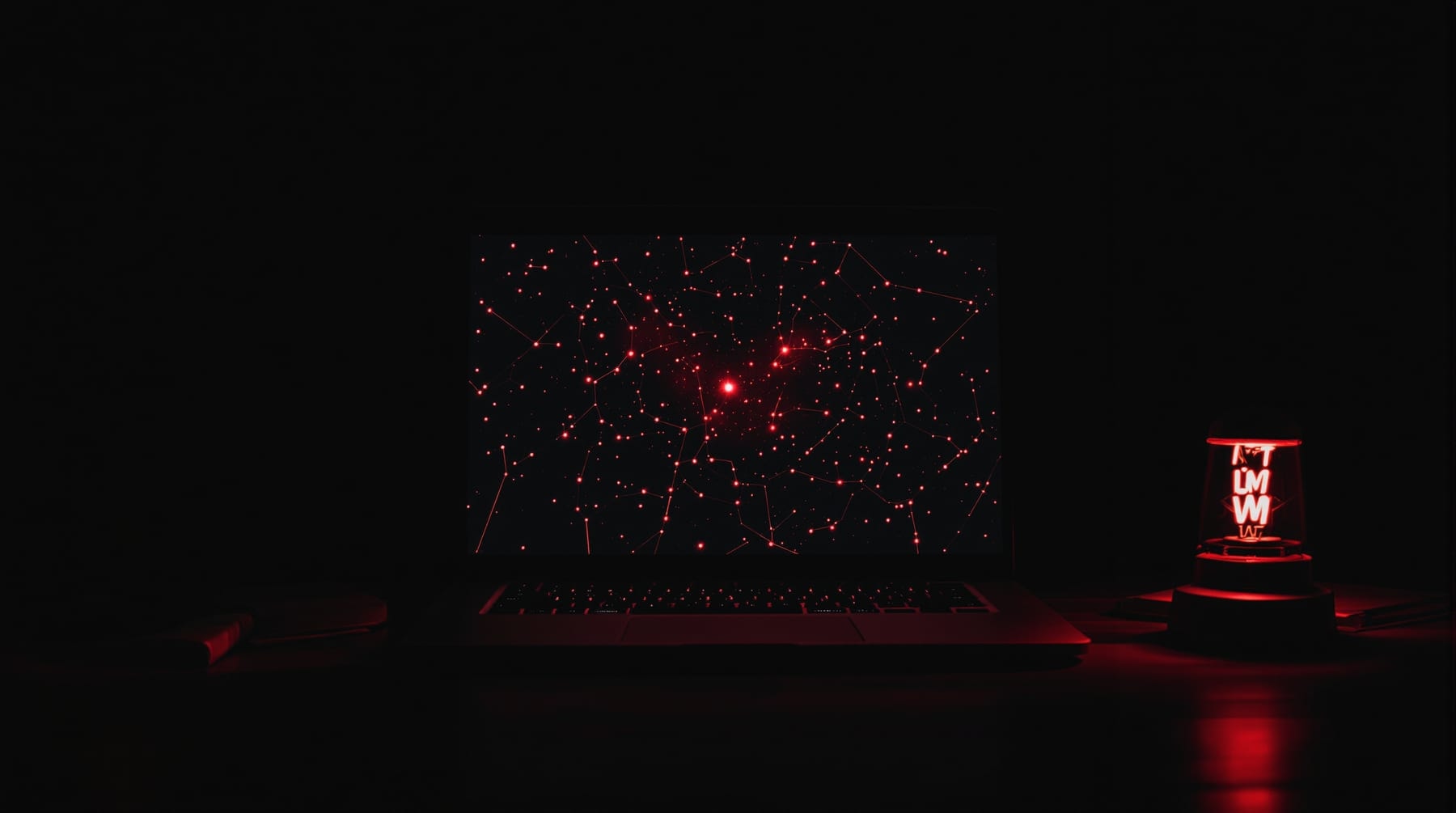 A laptop showing a red night-mode star chart in a darkened room